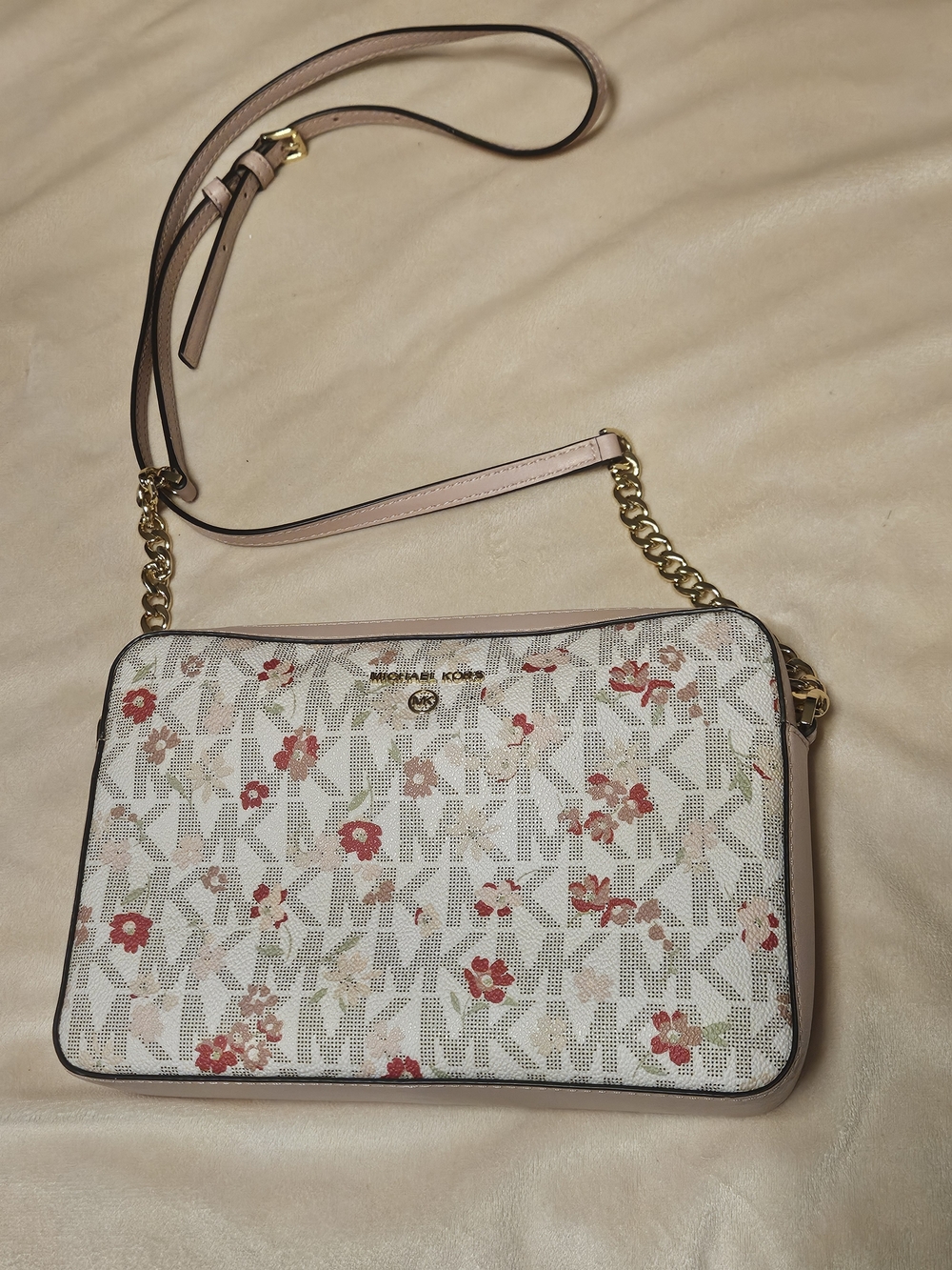 Michael Kors Cream Floral Logo Crossbody with Pink Trim and Gold Chain